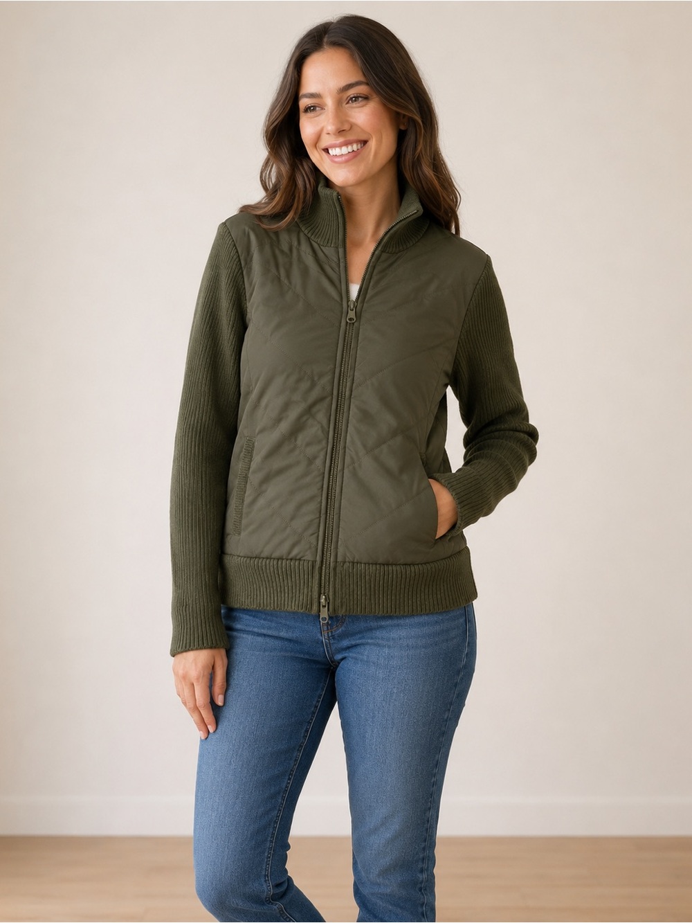 b.u.m. equipment Olive Green Quilted Knit-Sleeve Jacket